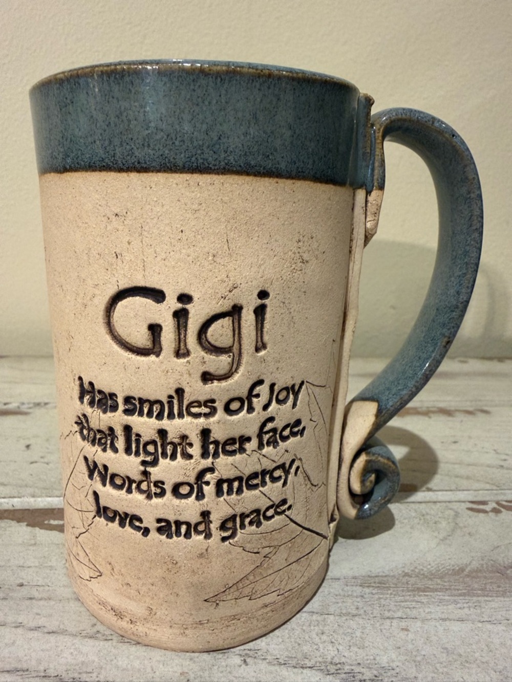 Handmade Gigi Mug Matte Beige and Glaze Blue Rim Rustic